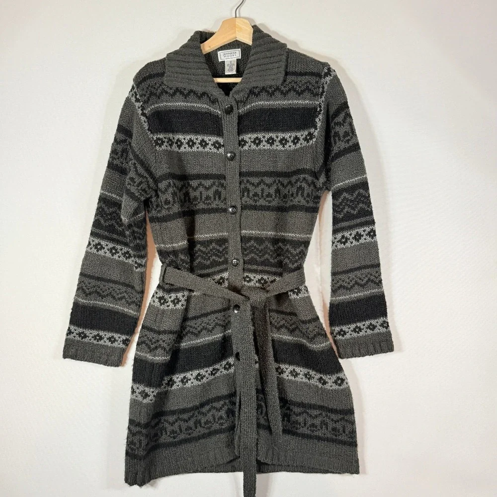 Jennifer Moore Womens‎ Medium Sweater Grey Fair Isle Longline Belted Grandpacore
